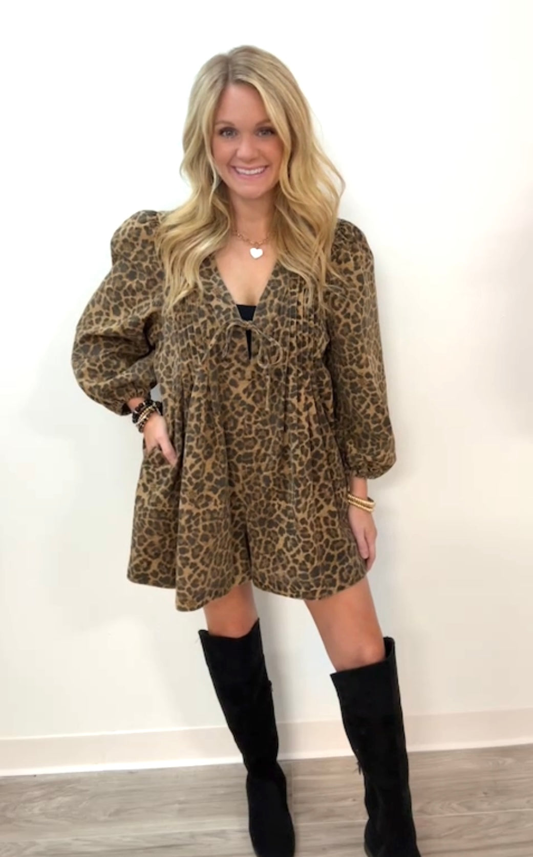 Leopard pleated long sleeve romper