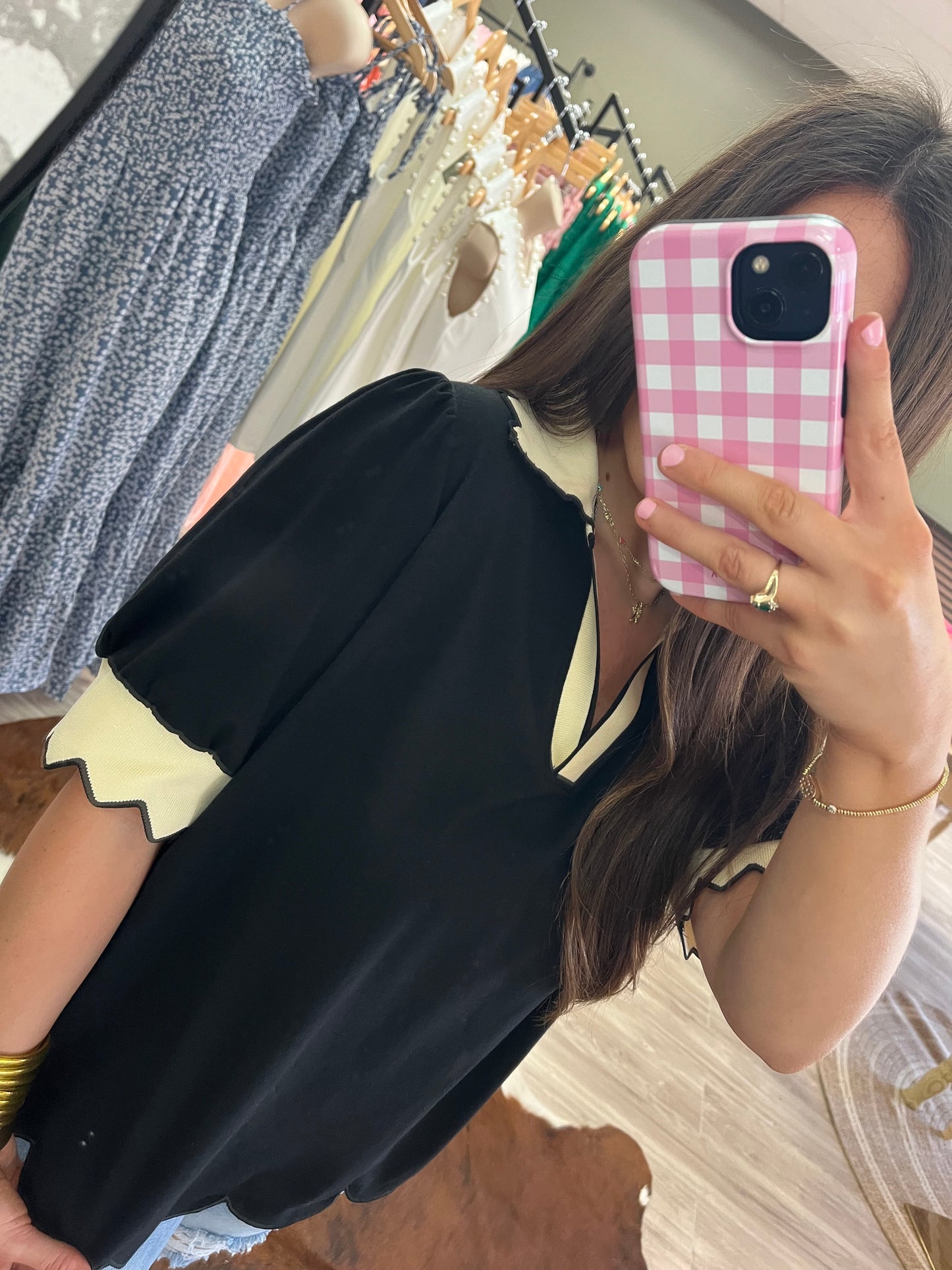 Color Contrast Collared V Neck Puff Sleeve Blouse | S-XL