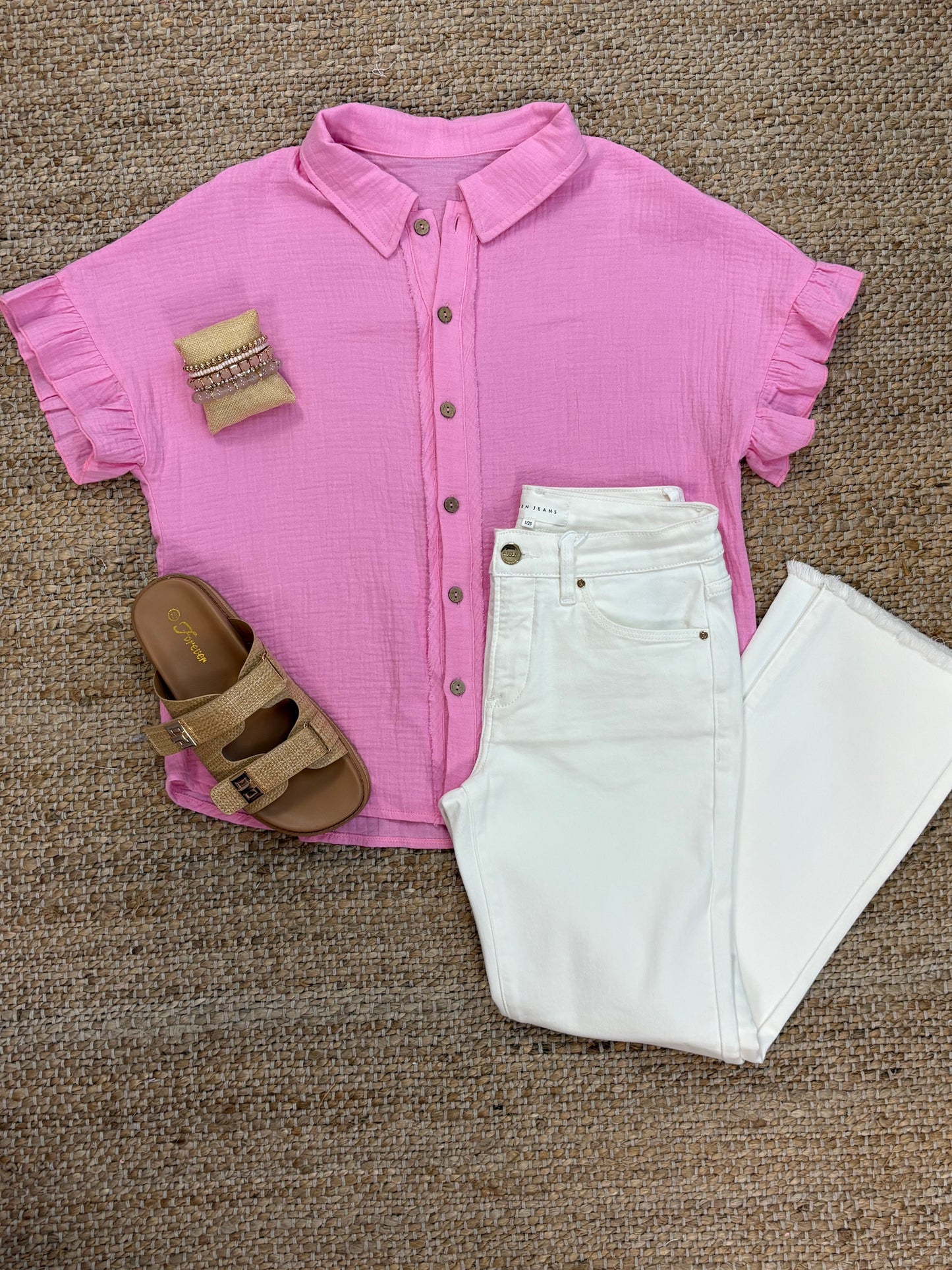 Pink textured ruffle sleeve blouse