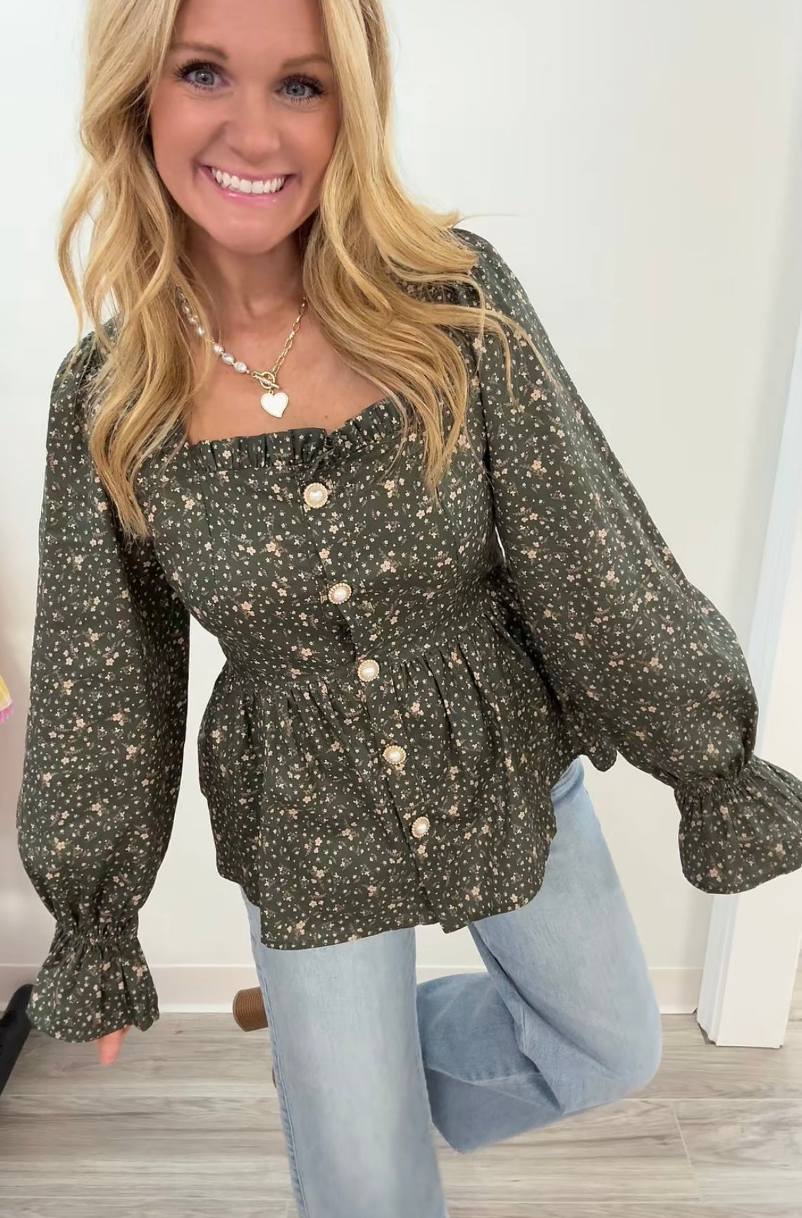 Green Ditsy print button down blouse