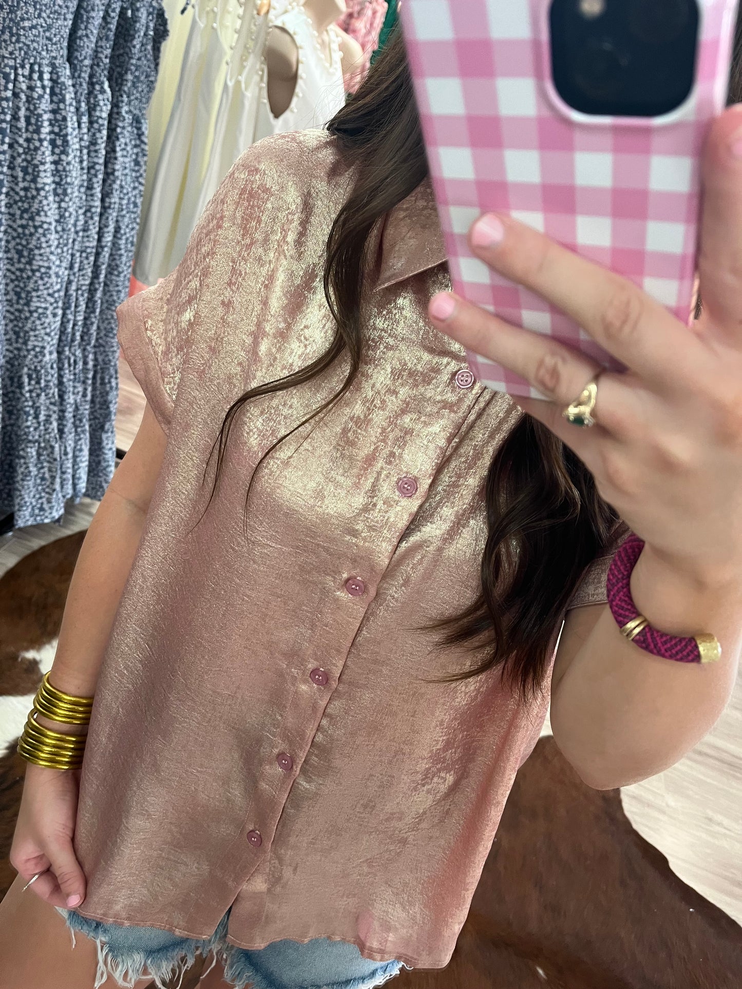 Metallic Buttoned Loose Fit Short Sleeve Shirt