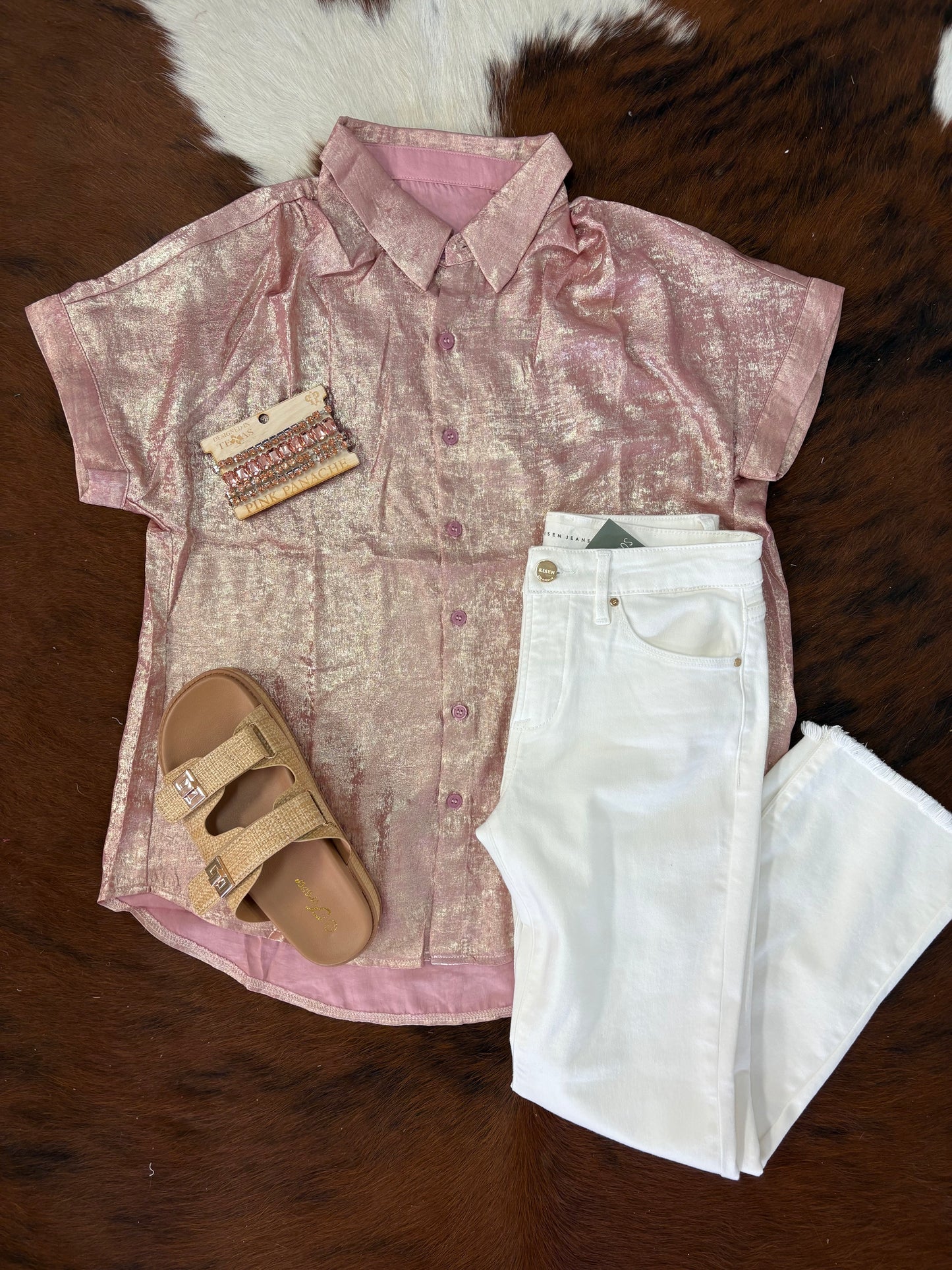 Metallic Buttoned Loose Fit Short Sleeve Shirt