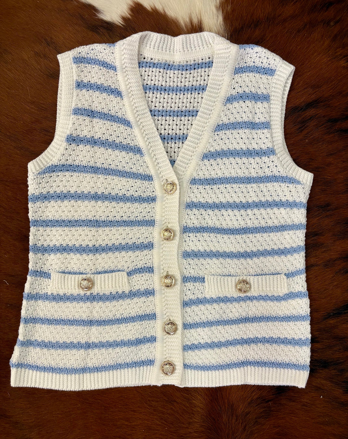 Stripe V Neck Gold Button Sweater Vest