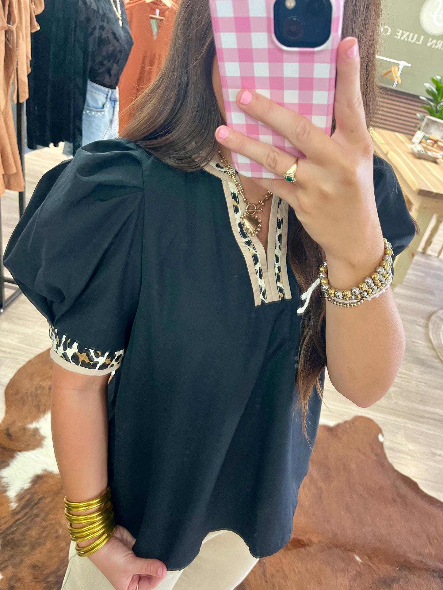 Black with leopard trim puff sleeves blouse
