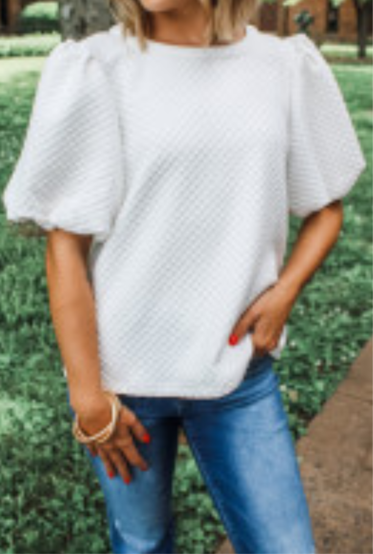 White textured puff sleeve blouse