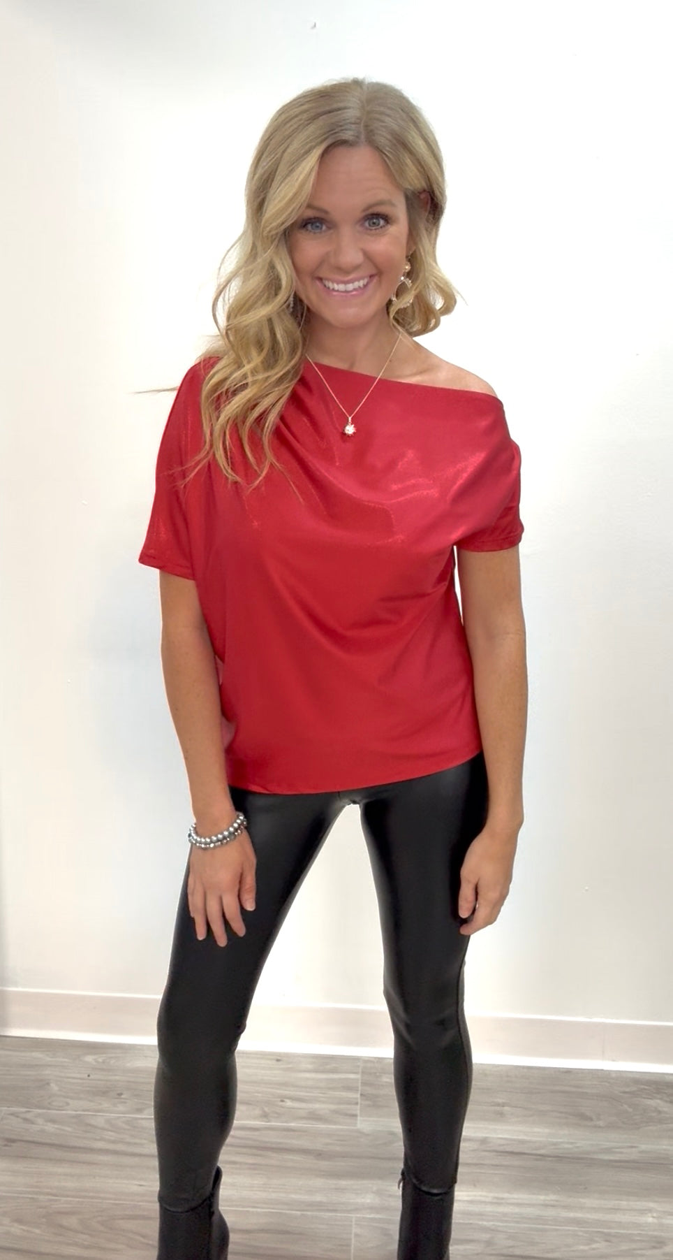 Red silk off shoulder top