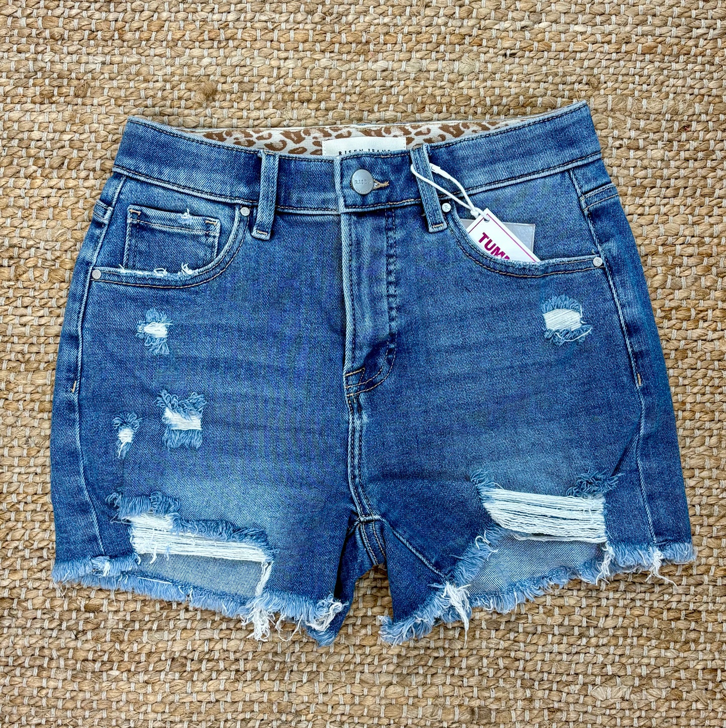 Risen tummy control medium high rise distressed shorts