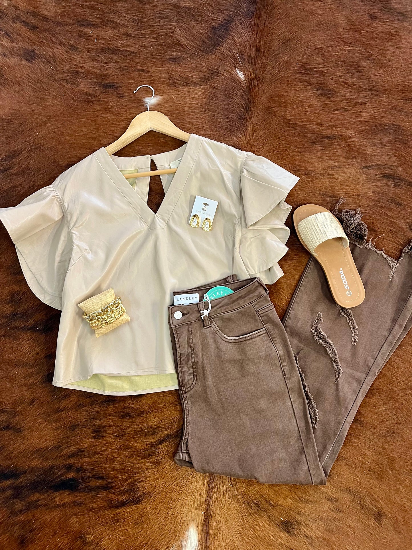 Ecru faux leather ruffle sleeve blouse