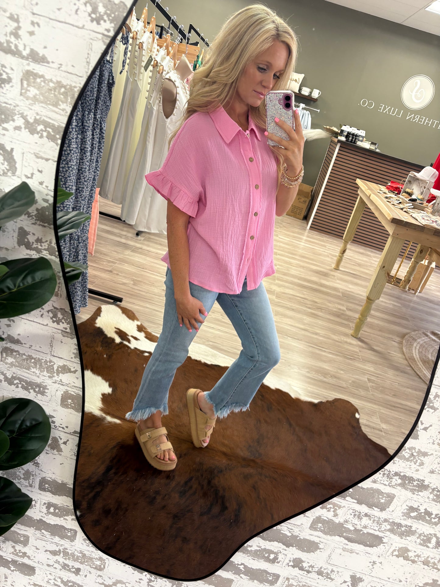Pink textured ruffle sleeve blouse