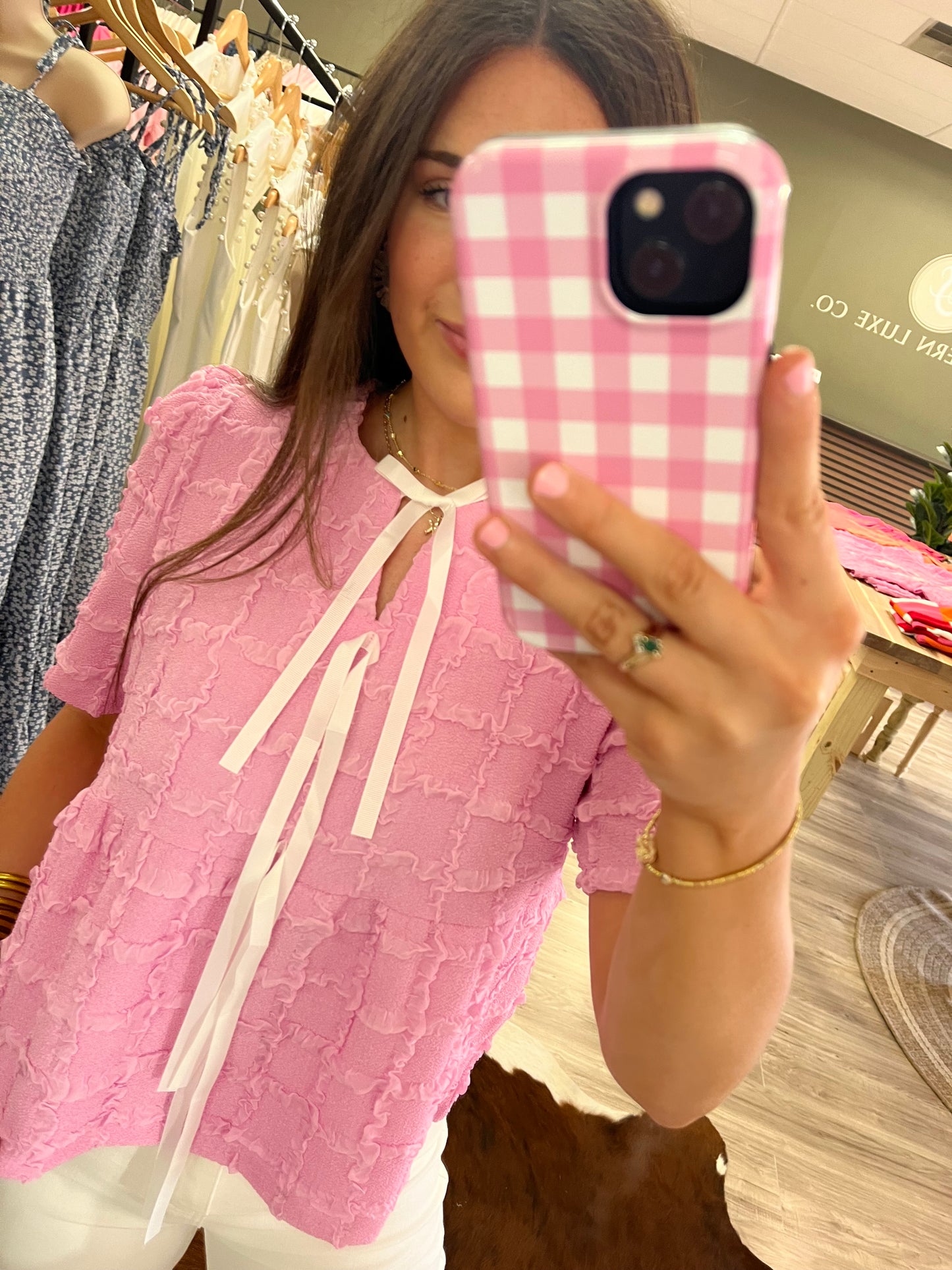 Gracie bow front pink textured blouse