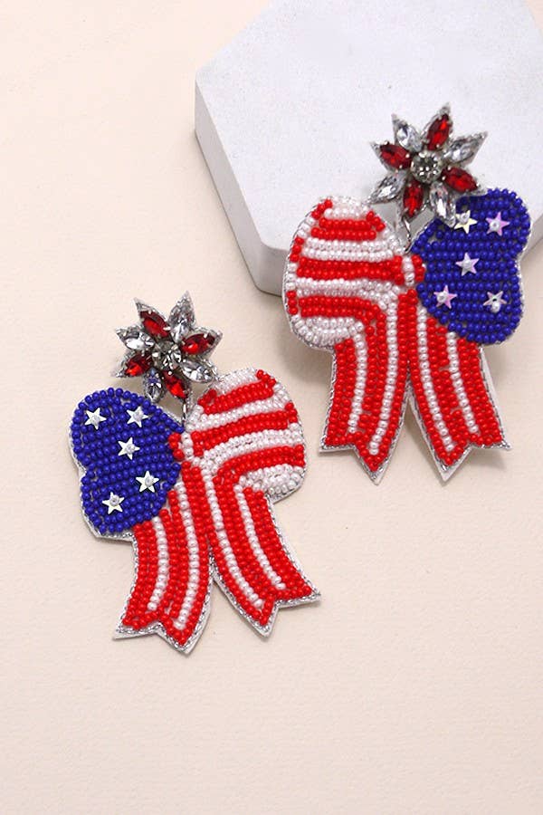4TH OF JULY SEEDBEAD BOW FLAG EARRINGS