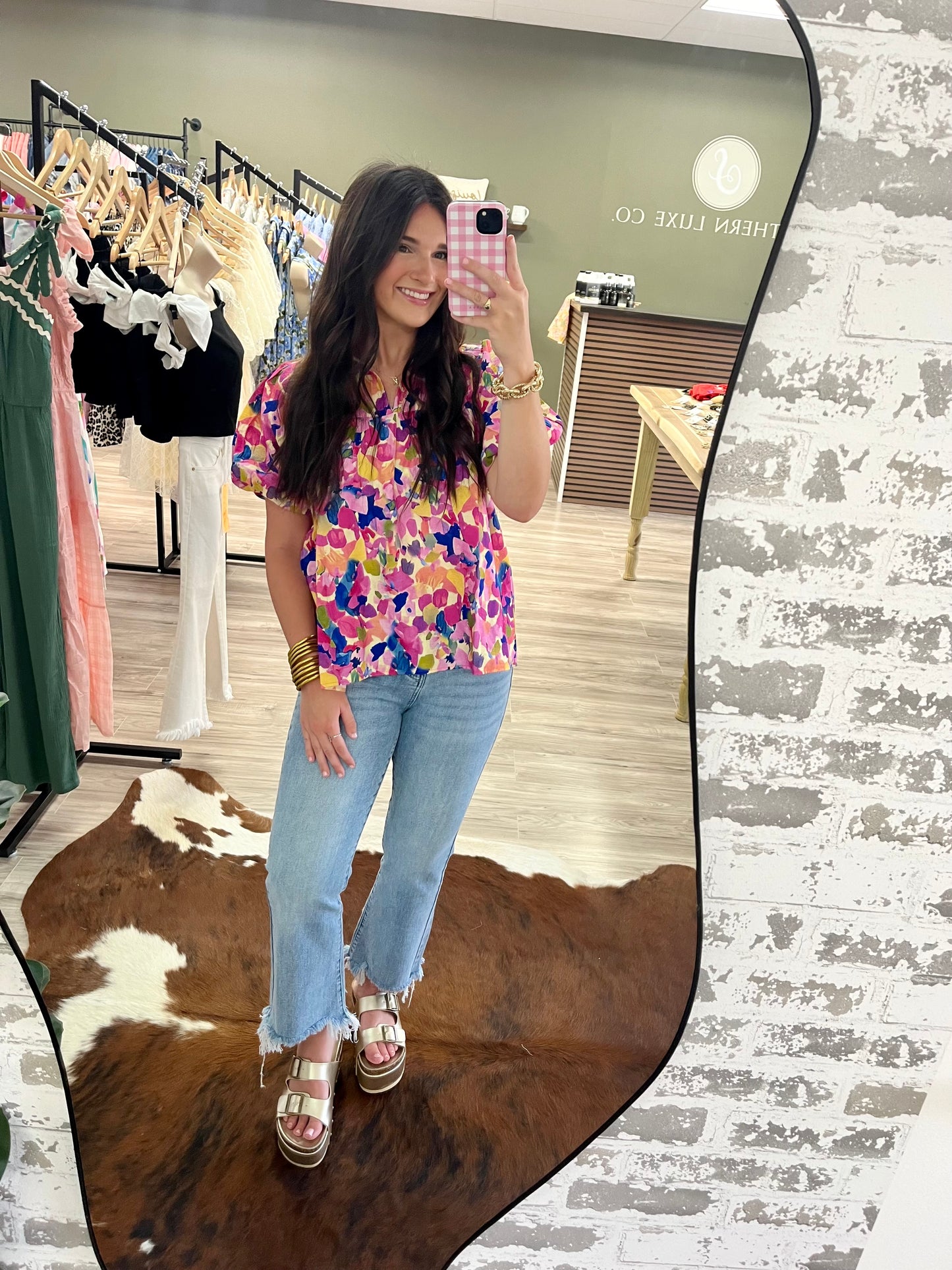 Colorful print puff sleeve collared blouse
