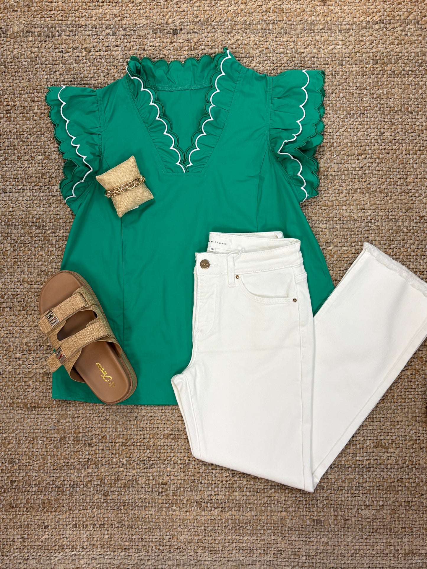 Green scalloped trim layered blouse