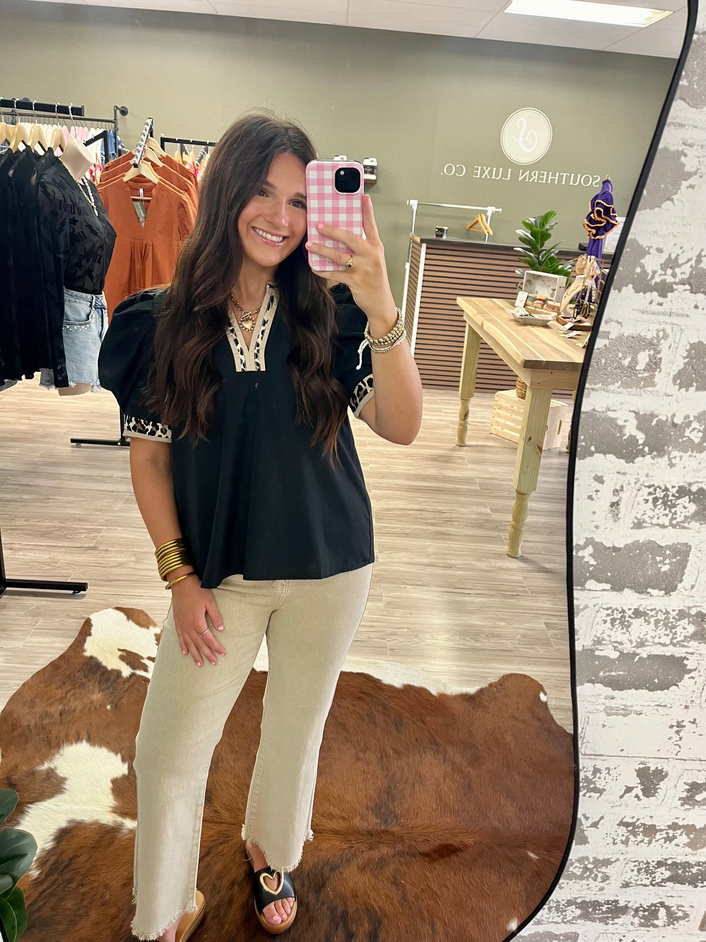 Black with leopard trim puff sleeves blouse