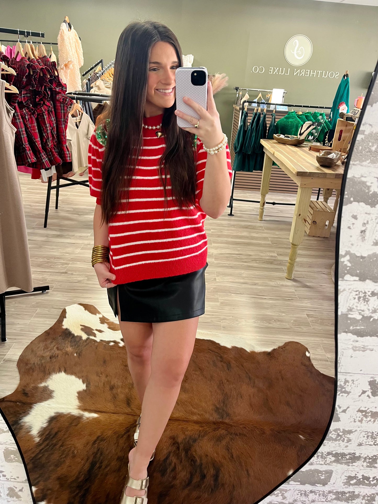 Christmas sequin ribbon striped top