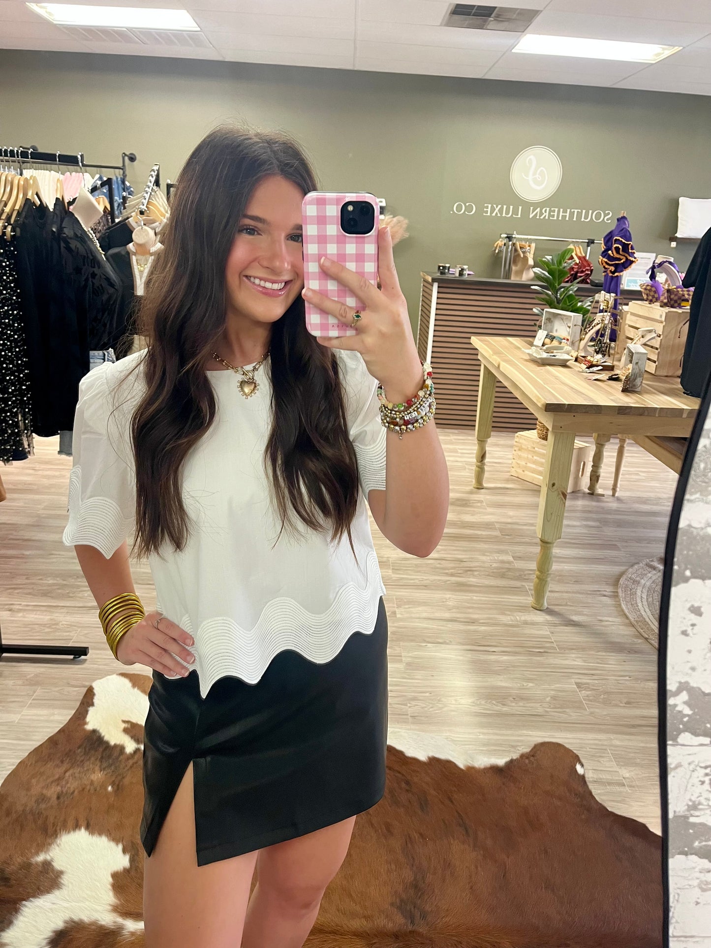 Faux leather side slit skort