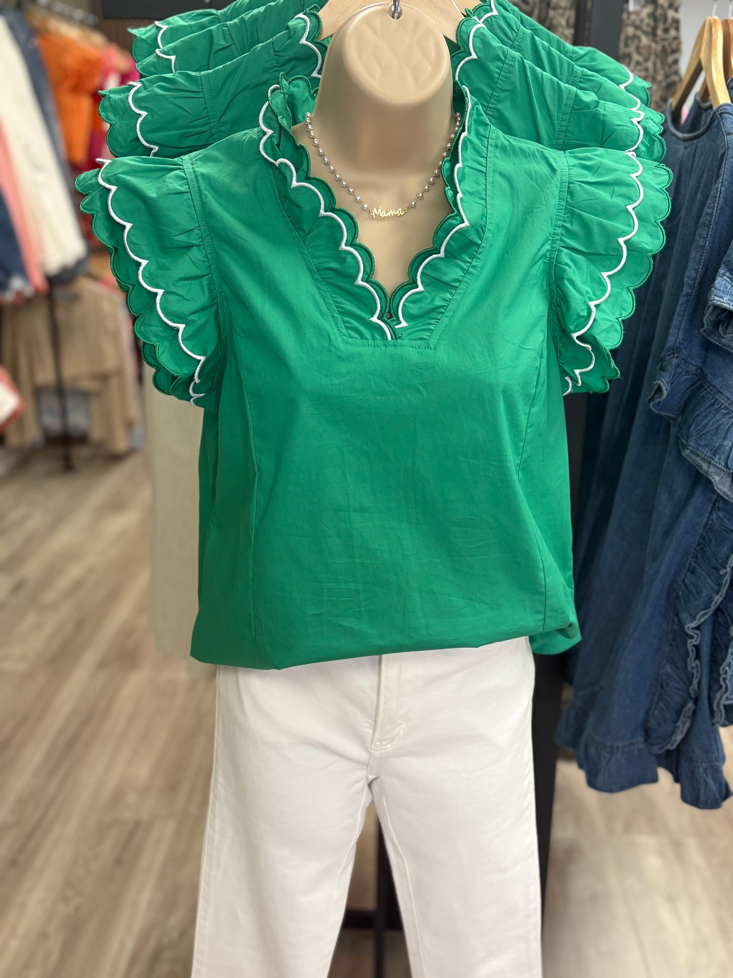 Green scalloped trim layered blouse