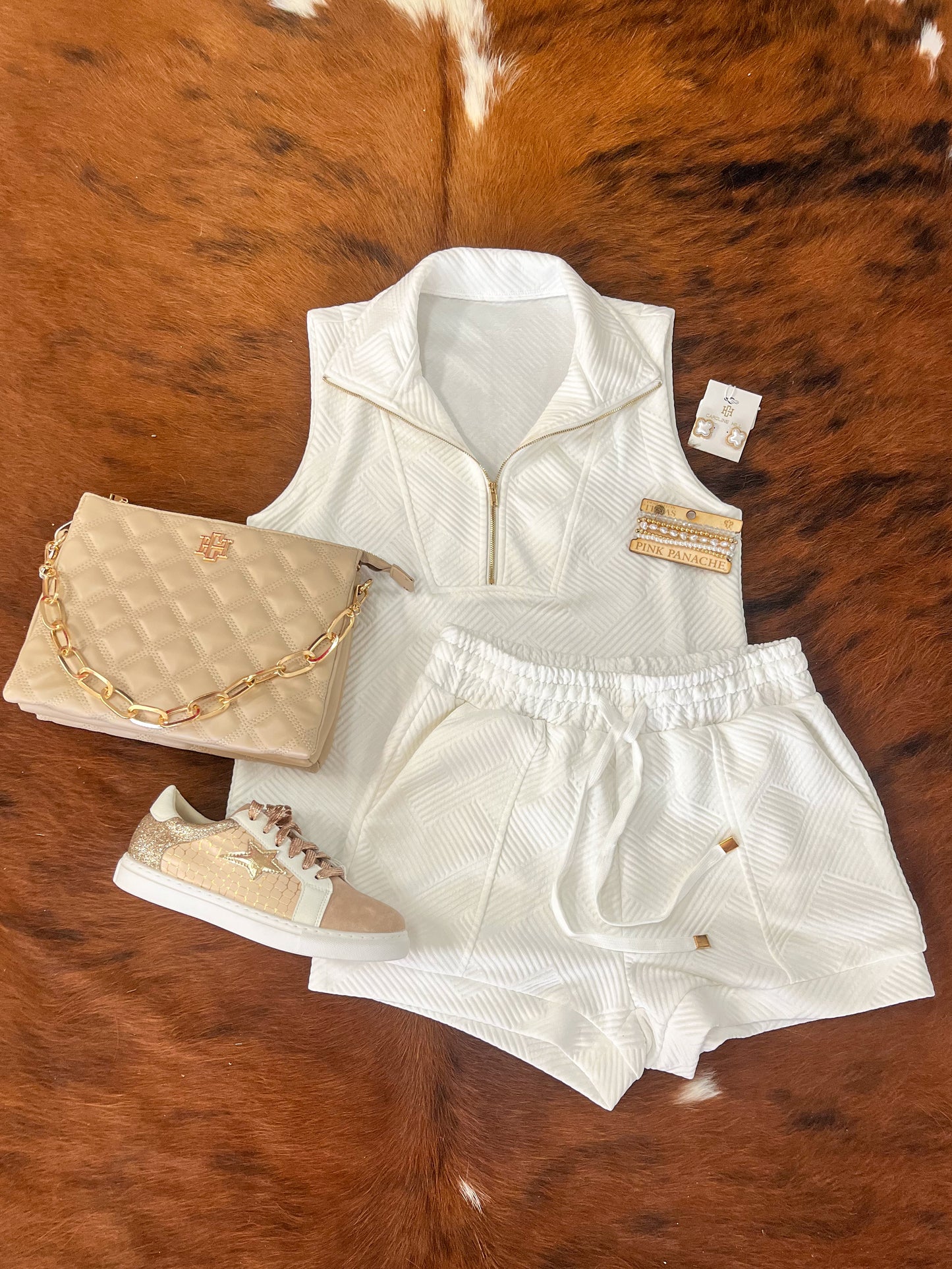 White textured sleeveless two piece set