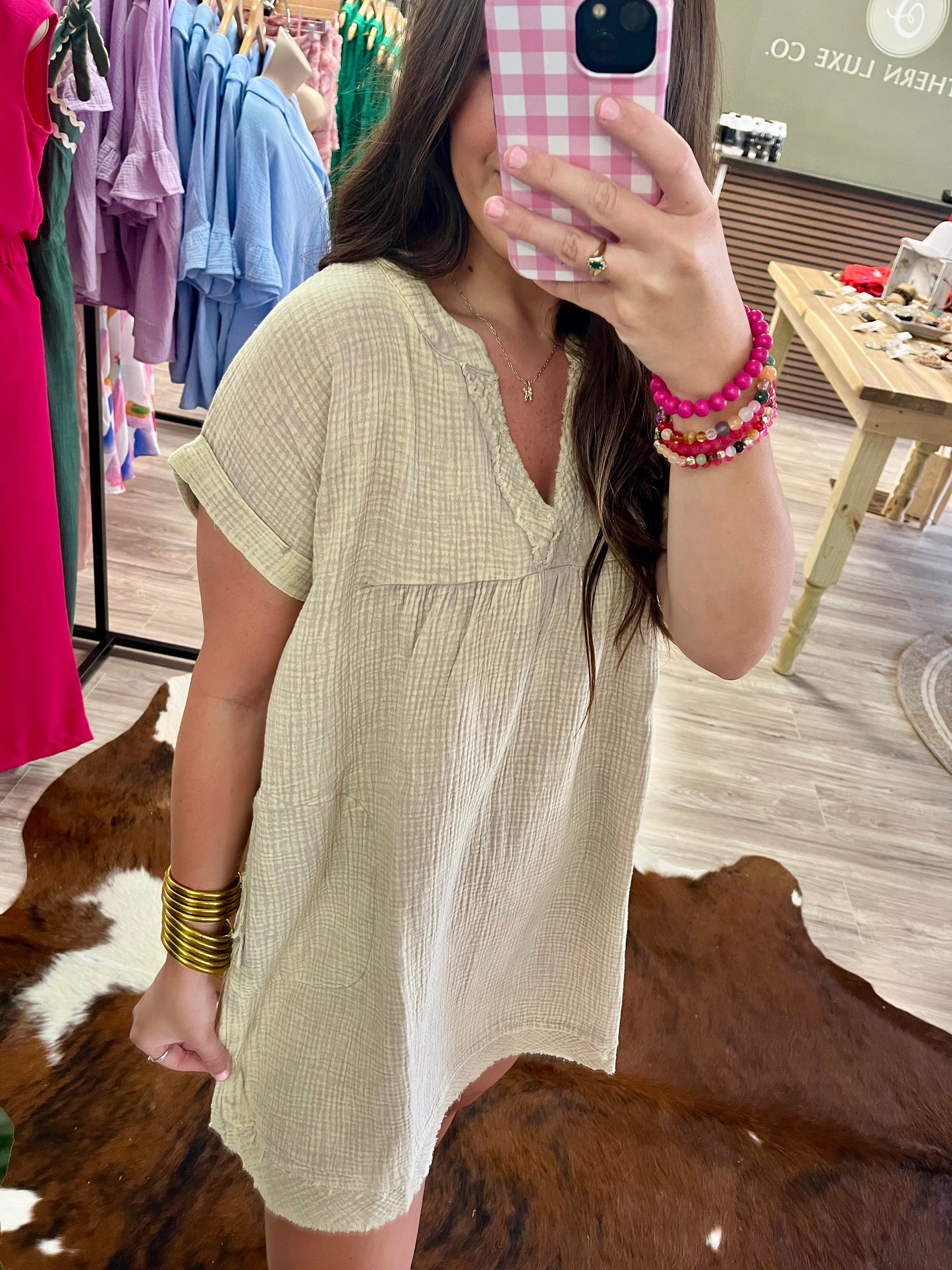 Washed raw edge v neck dress