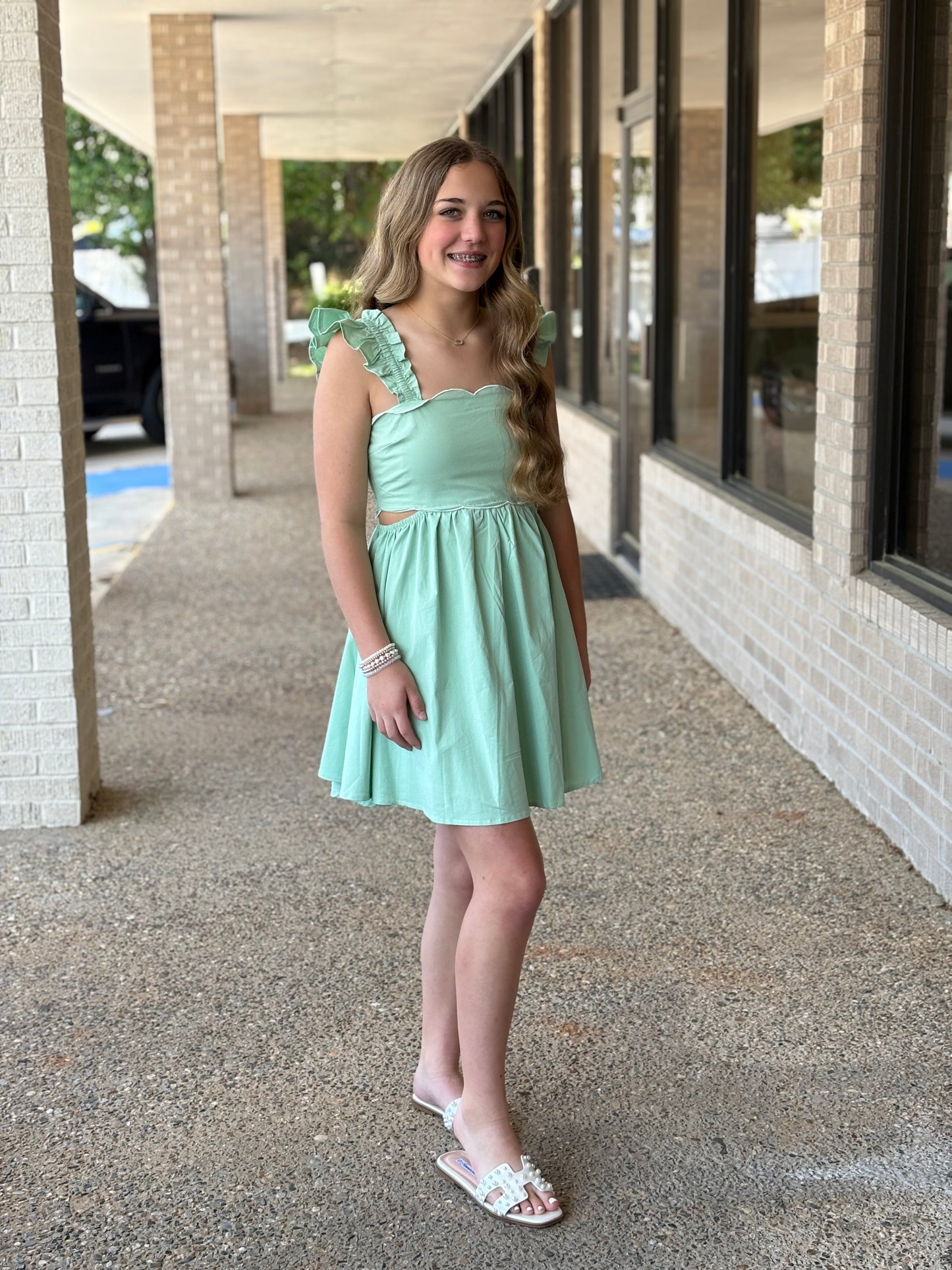 Scallop mini dress with ruffled shoulder