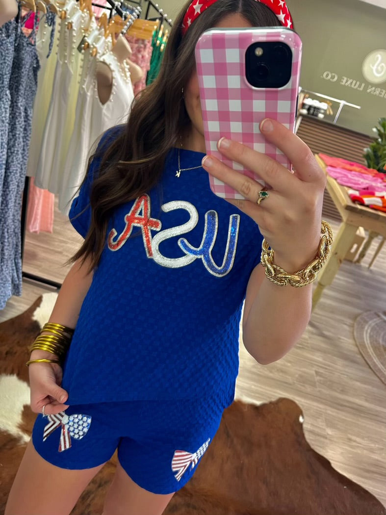 Royal blue USA sequin patch set