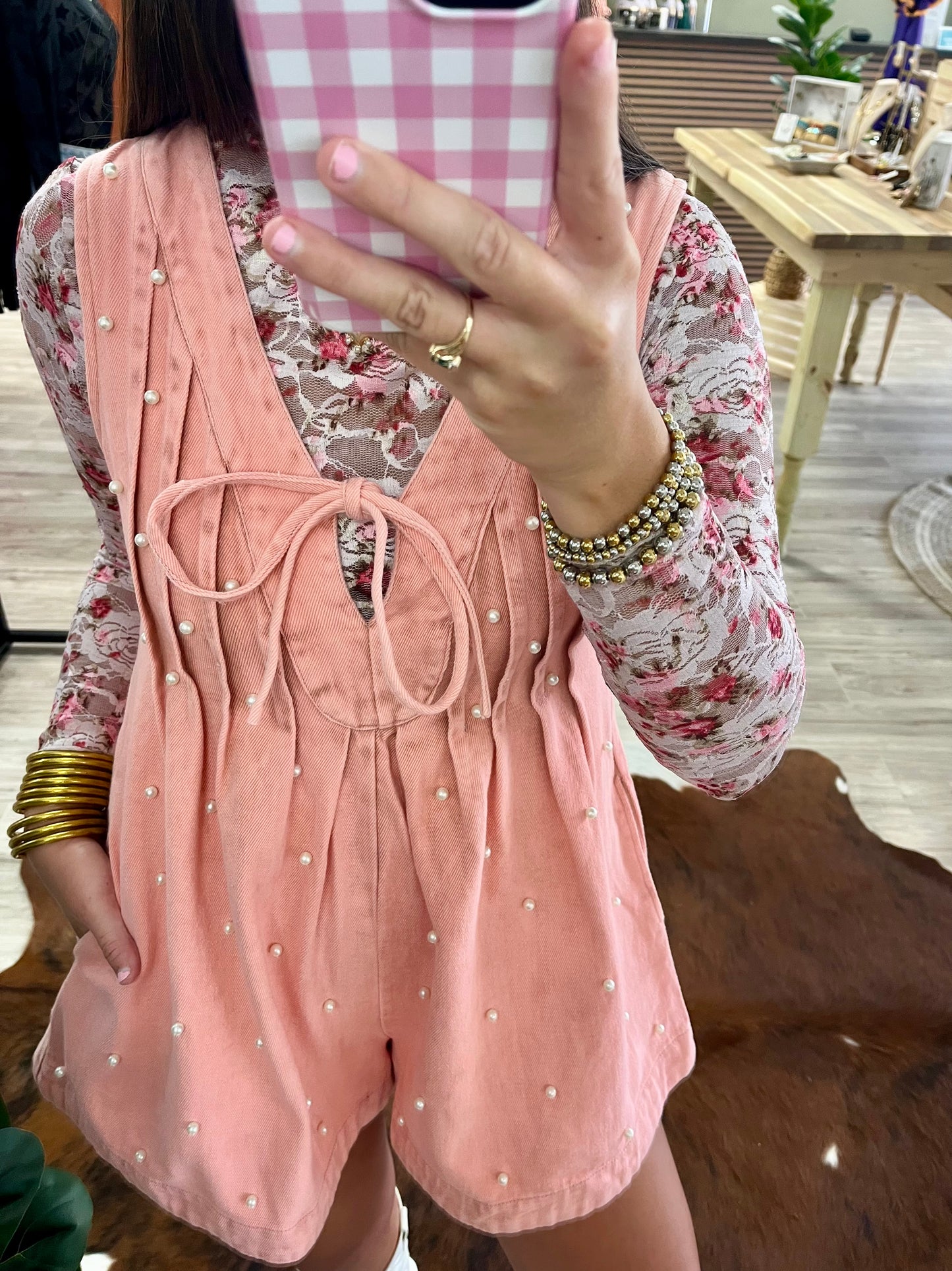 Dusty pink denim pearl romper