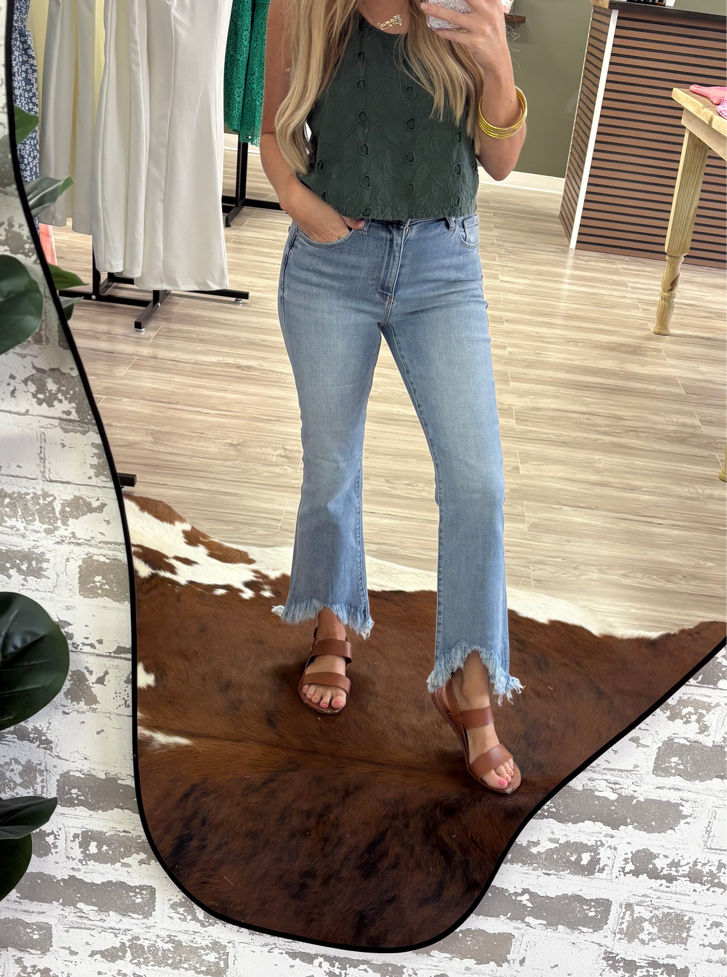 Light high rise crop boot cut jeans