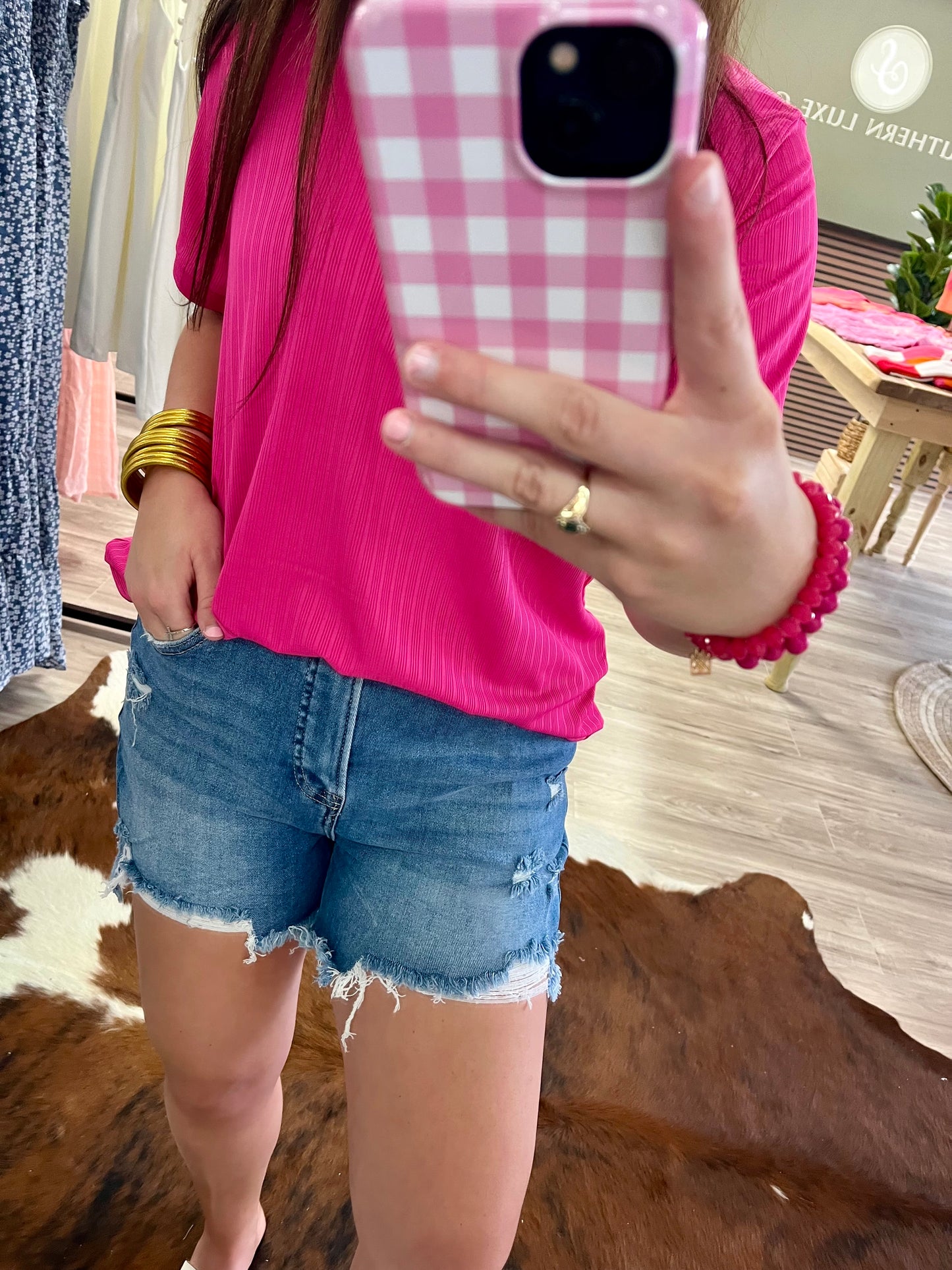 Risen tummy control medium high rise distressed shorts
