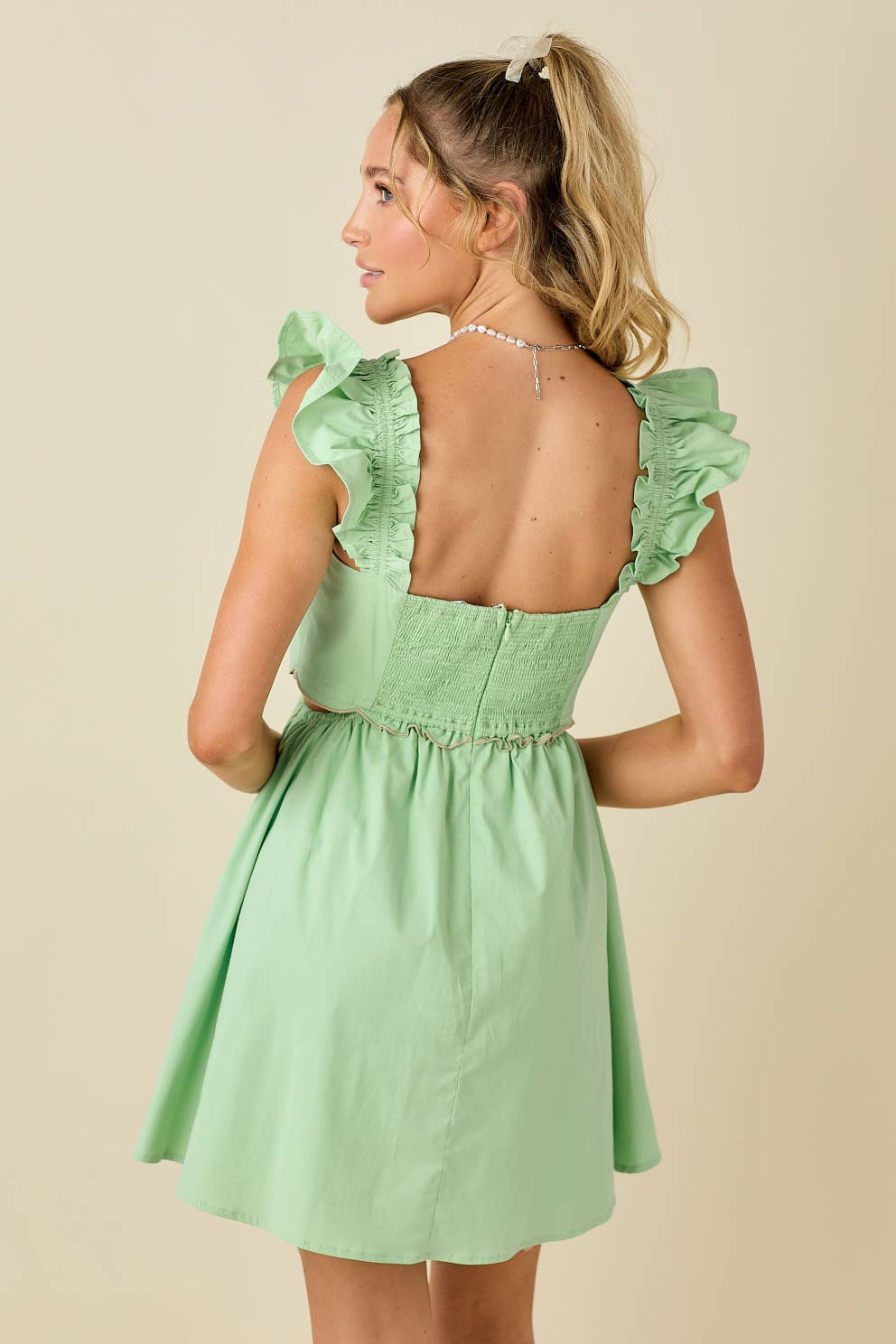 Scallop mini dress with ruffled shoulder