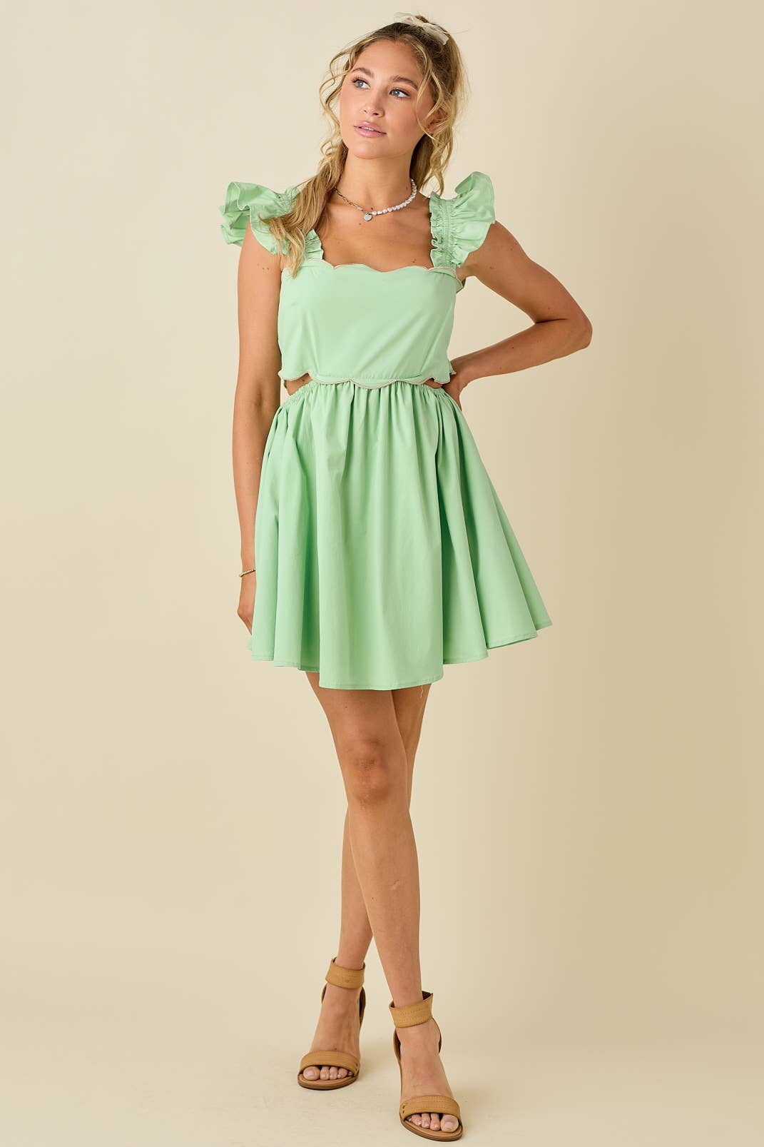 Scallop mini dress with ruffled shoulder