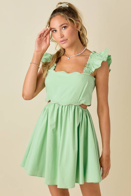 Scallop mini dress with ruffled shoulder