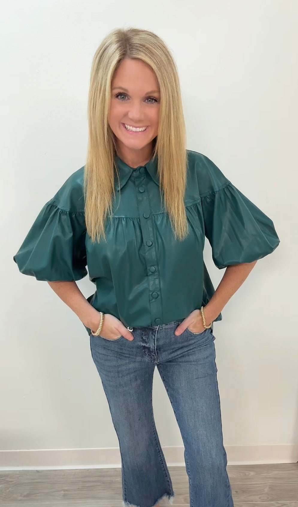 Teal faux leather blouse