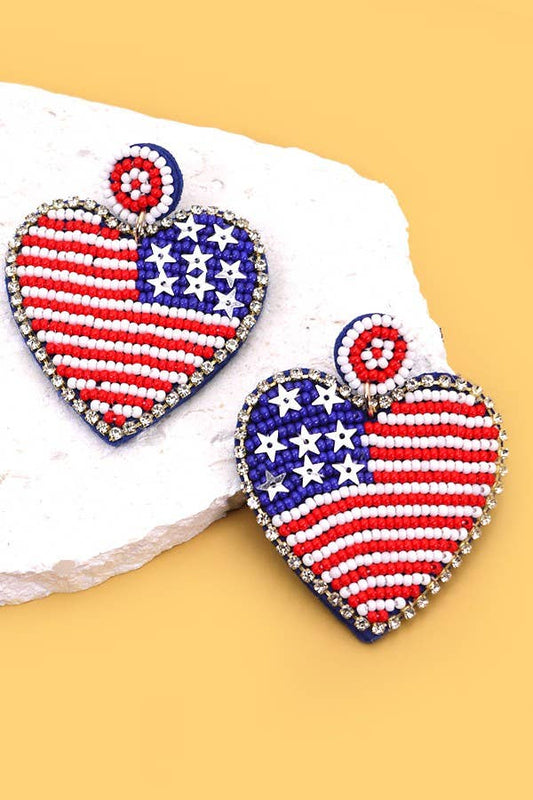 4TH OF JULY SEED BEAD USA FLAG DROP EARRINGS | 40E288