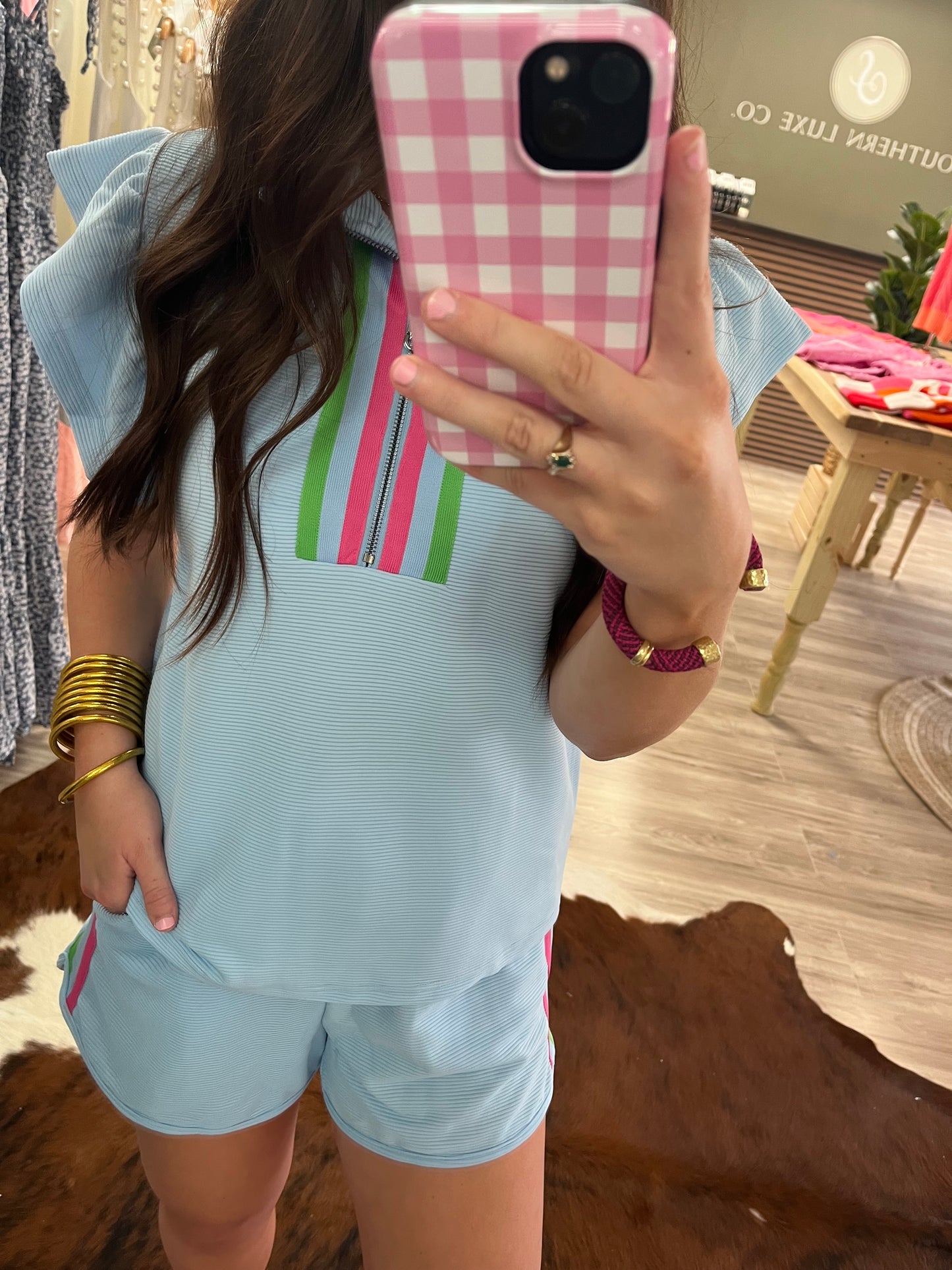Striped Detail Flutter Sleeve Zipped Collar Short Set