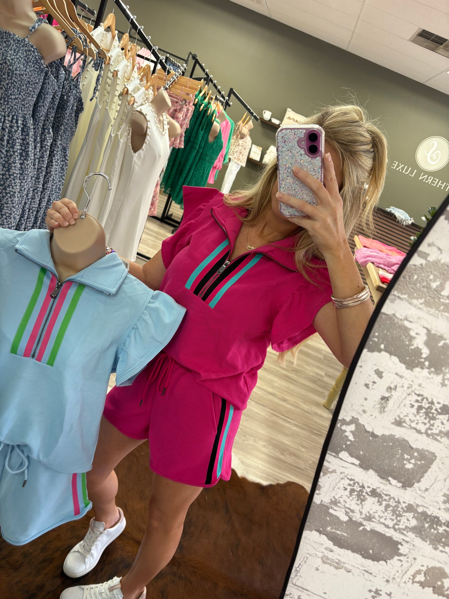 Striped Detail Flutter Sleeve Zipped Collar Short Set