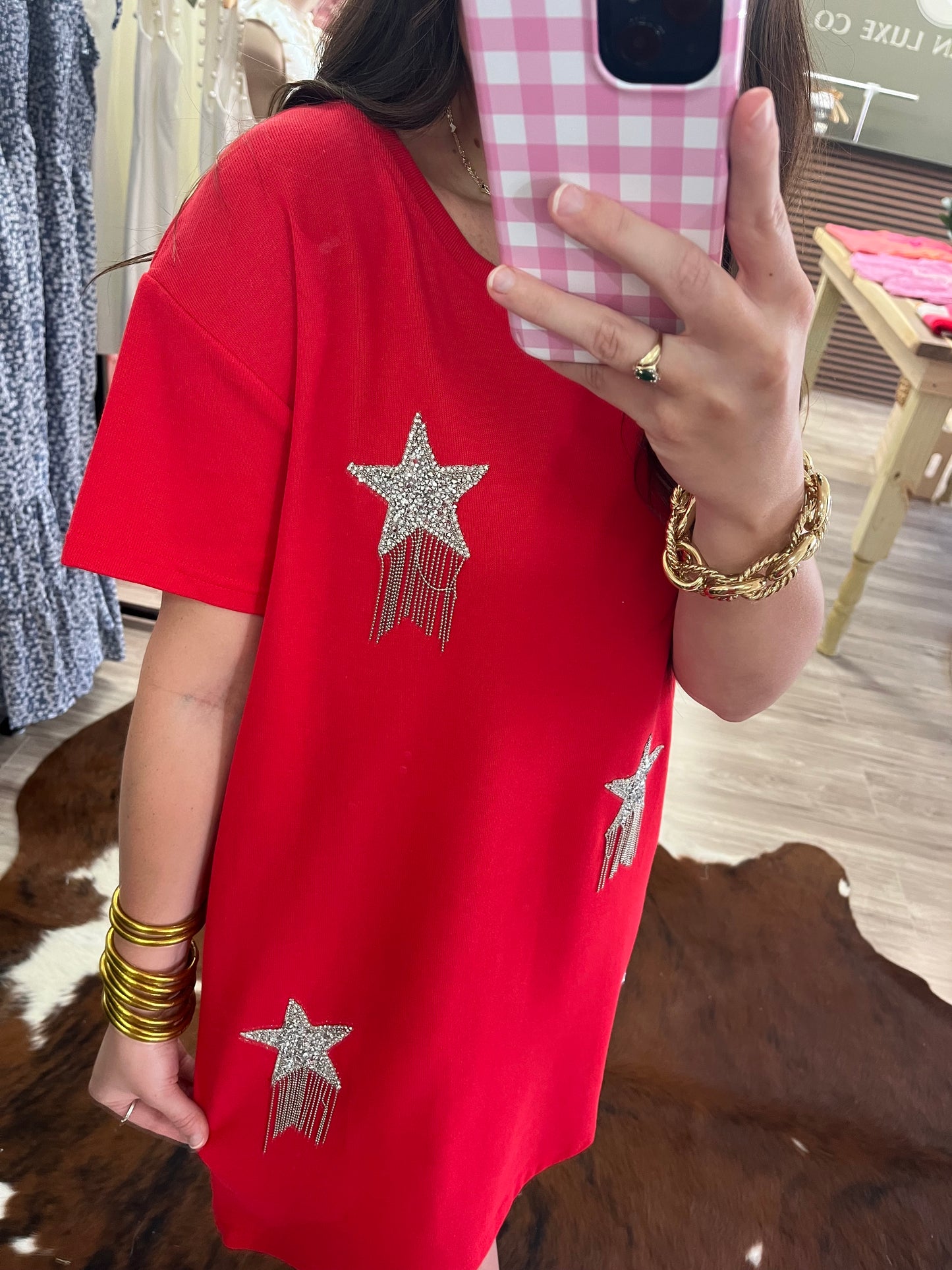 Sequin stars red t-shirt dress