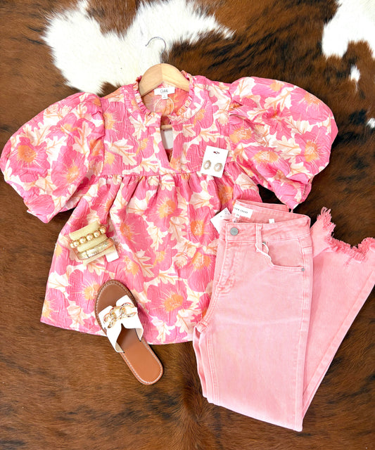 Floral Satin Weave Jacquard Babydoll Top