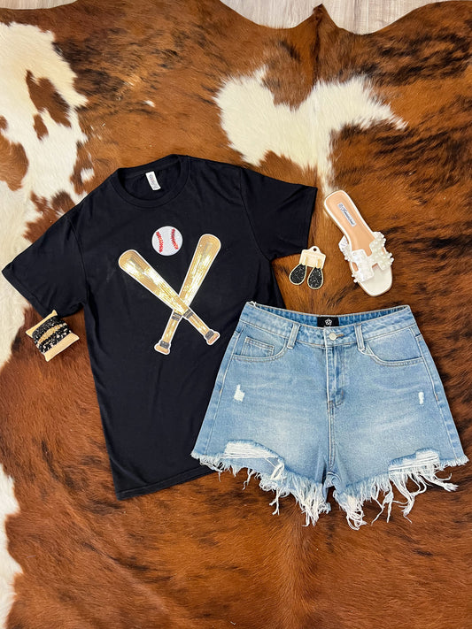 Crossed Bats Sequin Baseball Graphic T-Shirt