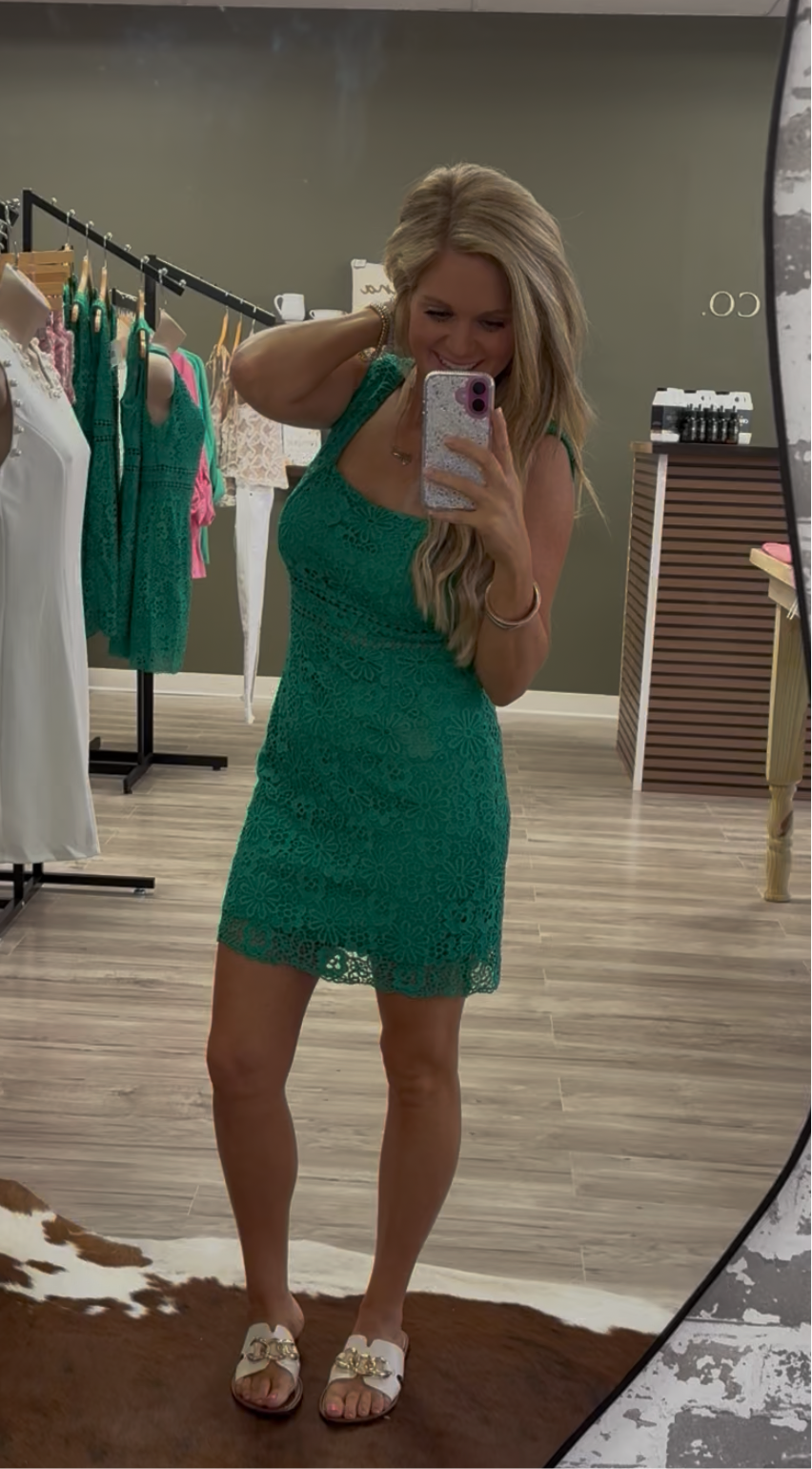 Green lace short dress