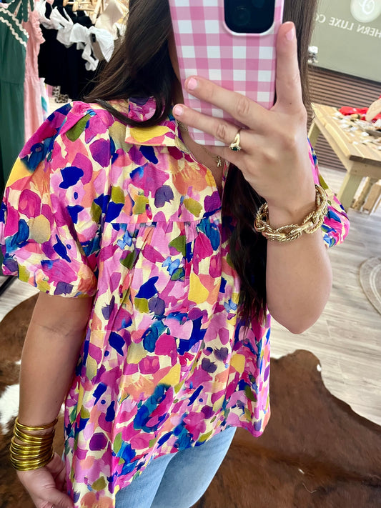 Colorful print puff sleeve collared blouse