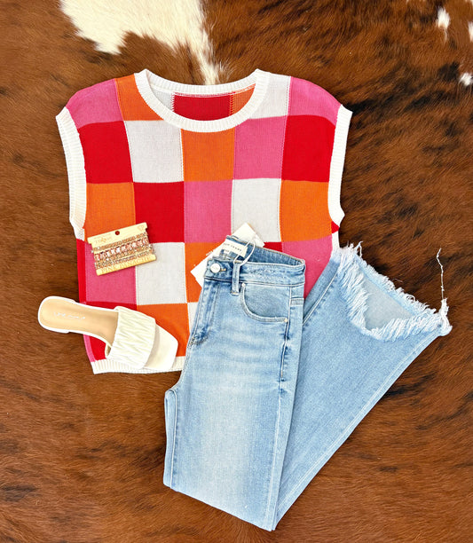 Colorblock Cap Sleeve Knitted Sweater Top