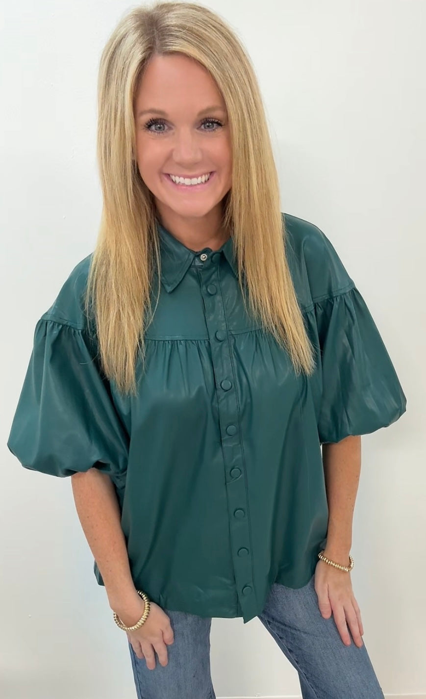 Teal faux leather blouse