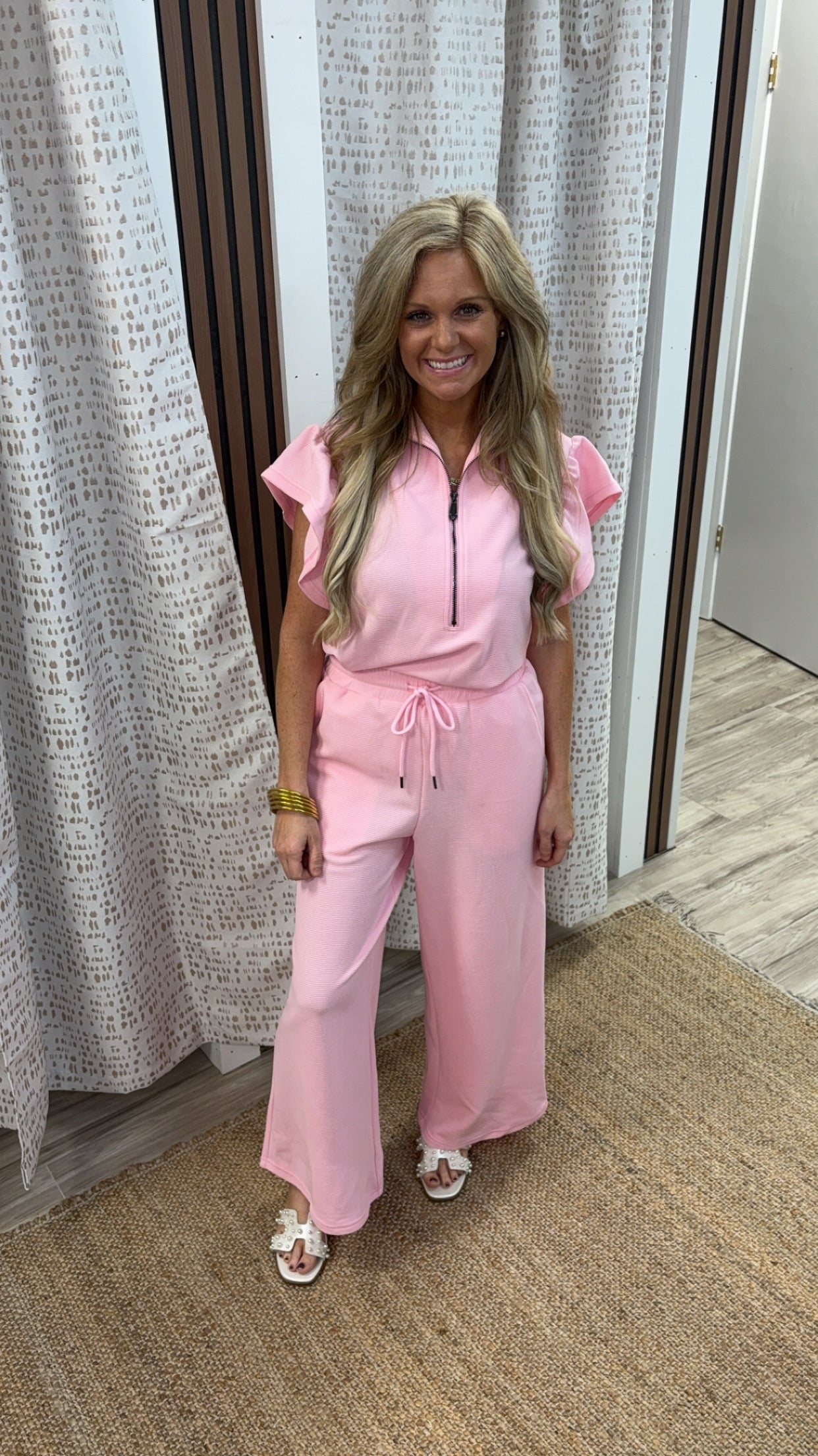 Pink ruffle sleeve pant set