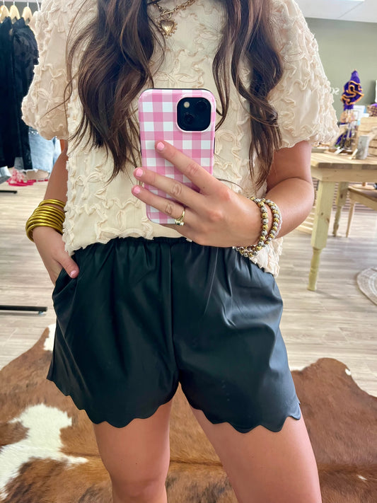 Black scalloped faux leather shorts