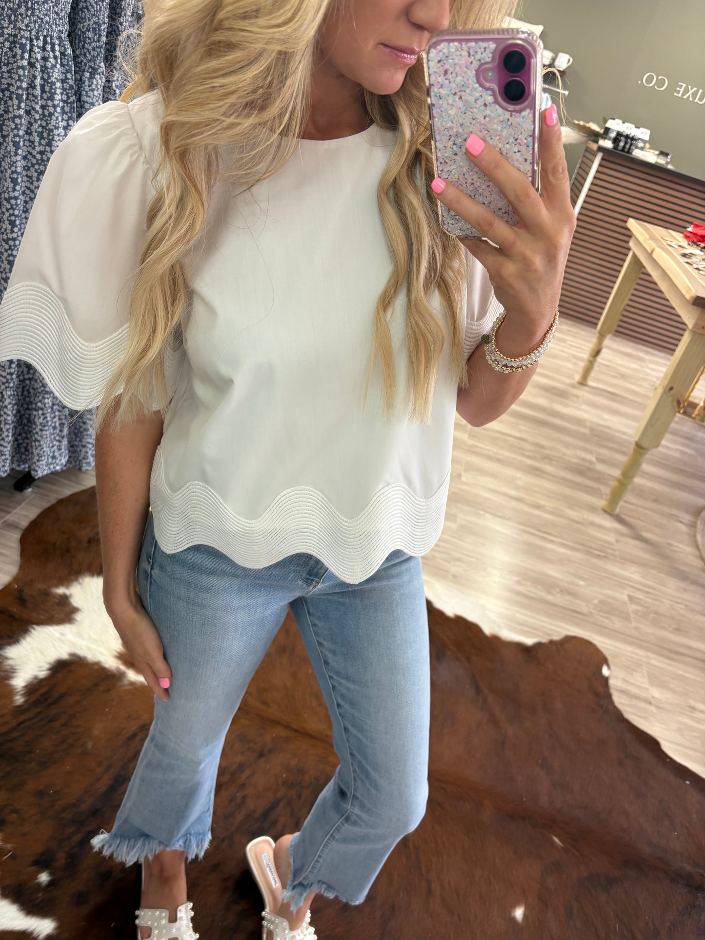 Women’s white wave trim blouse