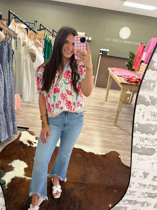 Floral Print Striped Detail Split Neck Short Sleeve Blouse