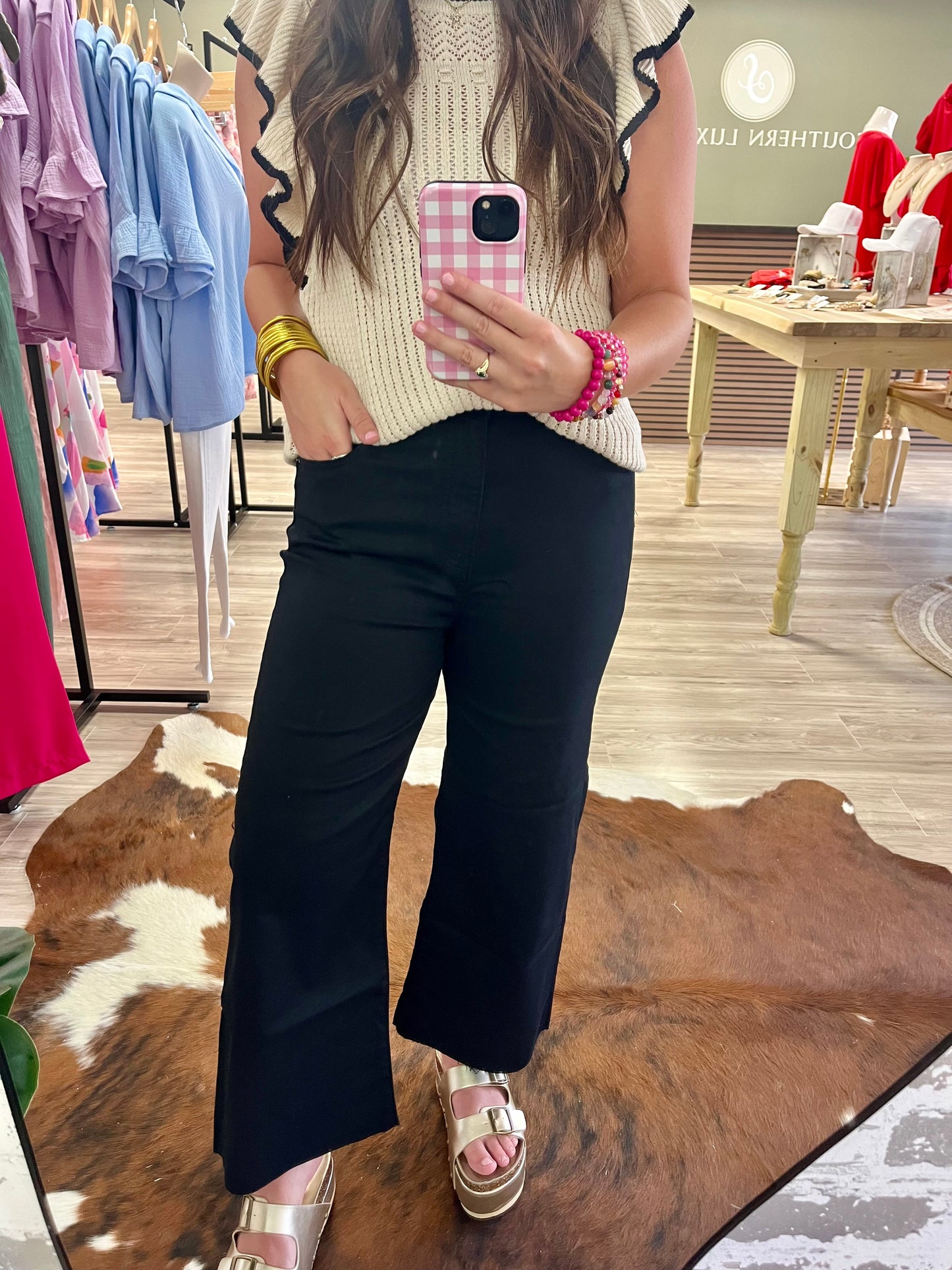 High rise flare cropped black denim pants