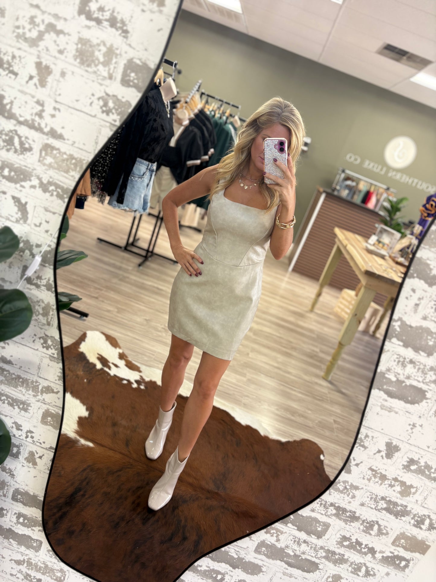 Ecru faux leather squareneck dress