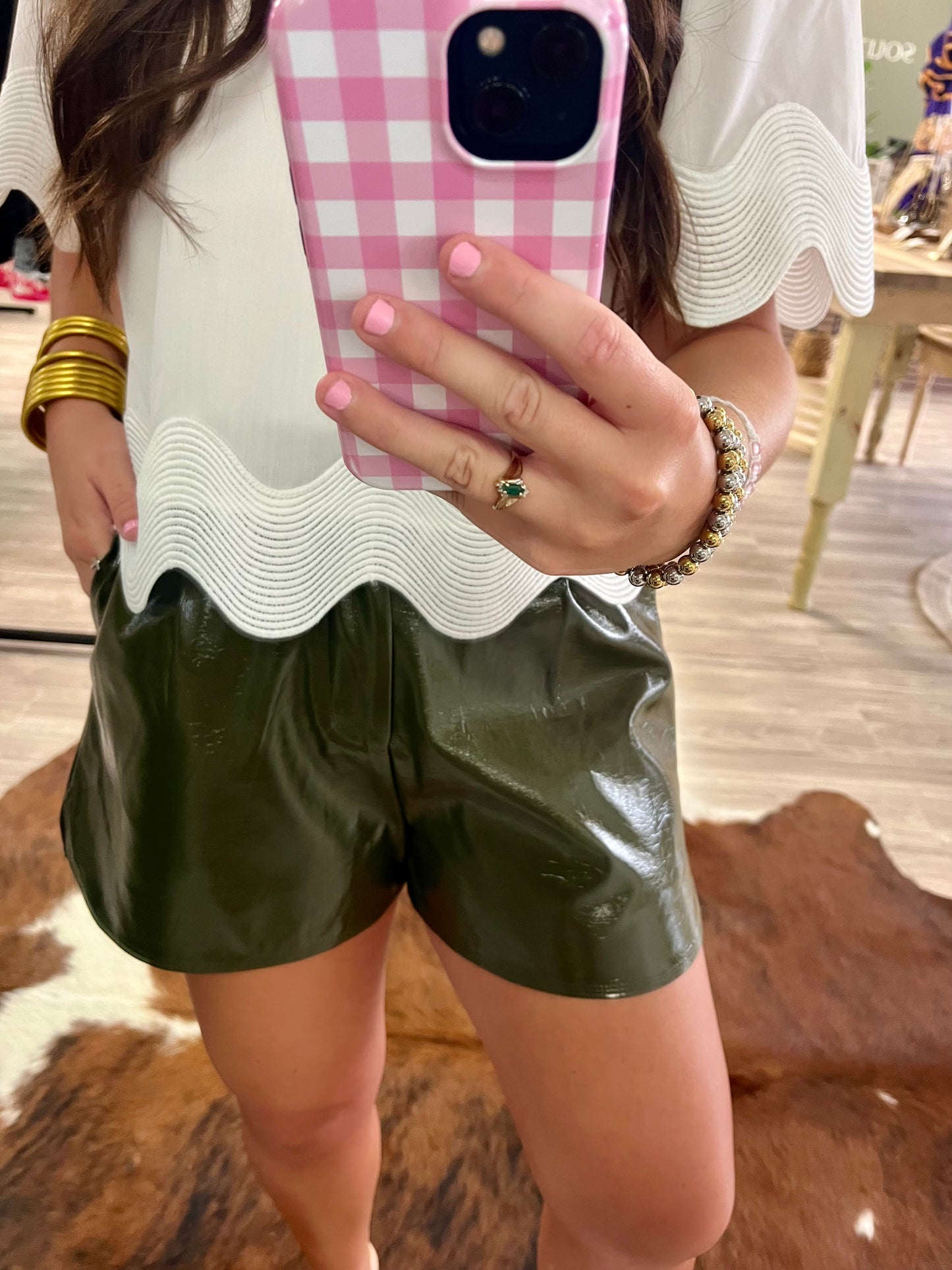 Olive faux leather shorts