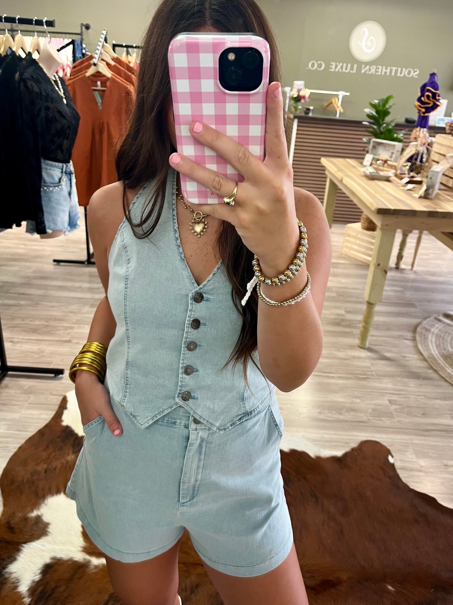 Denim V-neck vest romper